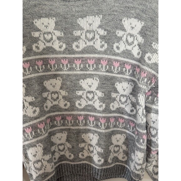 VTG 80s Adele Sweater Womens S/M Gray Pink Teddy Bears Granny-Core Made In USA - Picture 8 of 11
